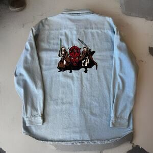 Vintage Star Wars Denim Shirt 2XL Blue 90s Movie Promo Button Up Darth Maul